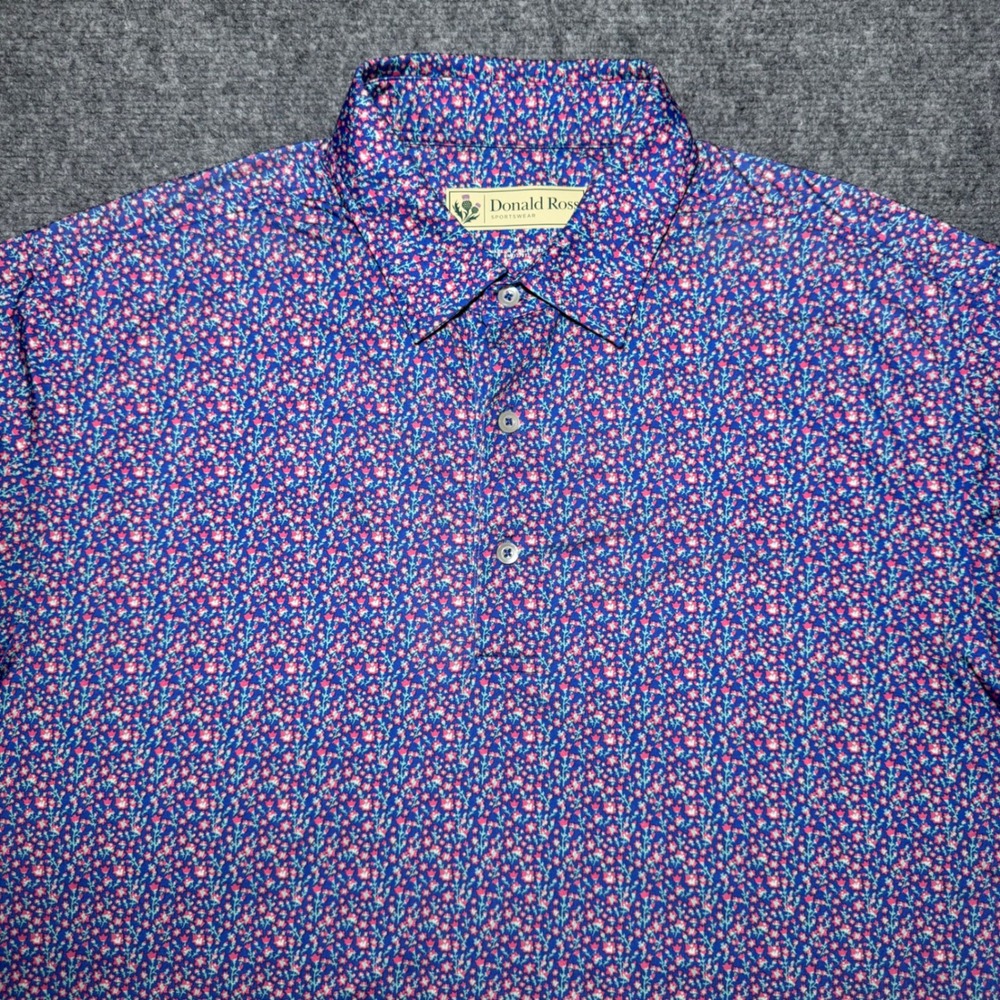 Donald Ross Sportswear Polo Shirt Blue Floral Men Medium Royal Oaks Golf